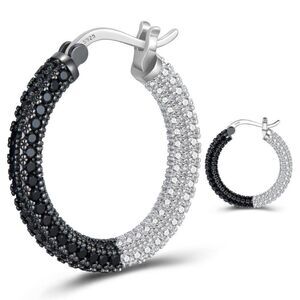14K White Gold Sterling Silver and Diamond and Onyx Cubic Zirconia Hoop Earrings